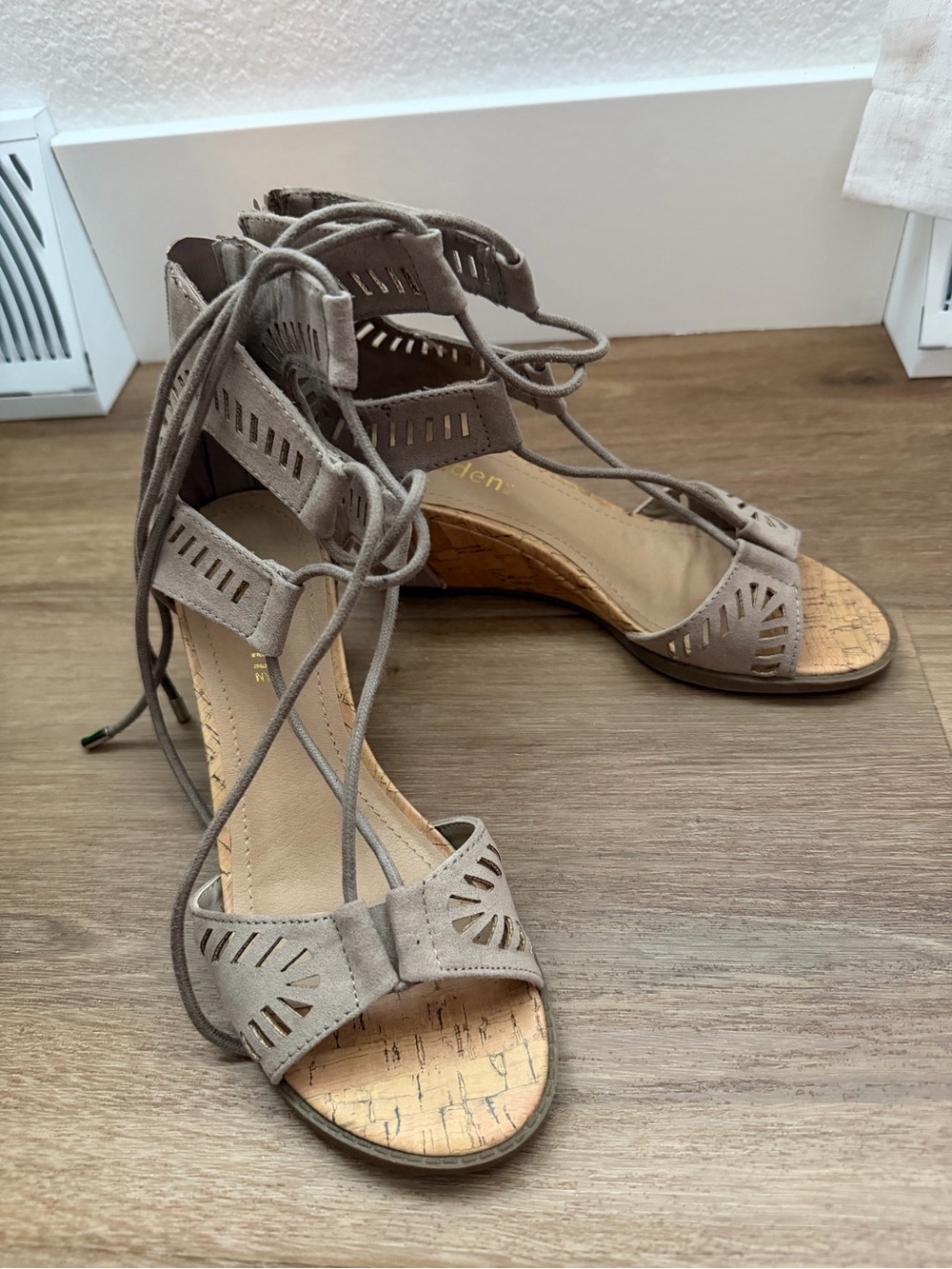 Steve Madden Taupe Lace-Up Cork Wedge Sandals - Picture 4 of 5